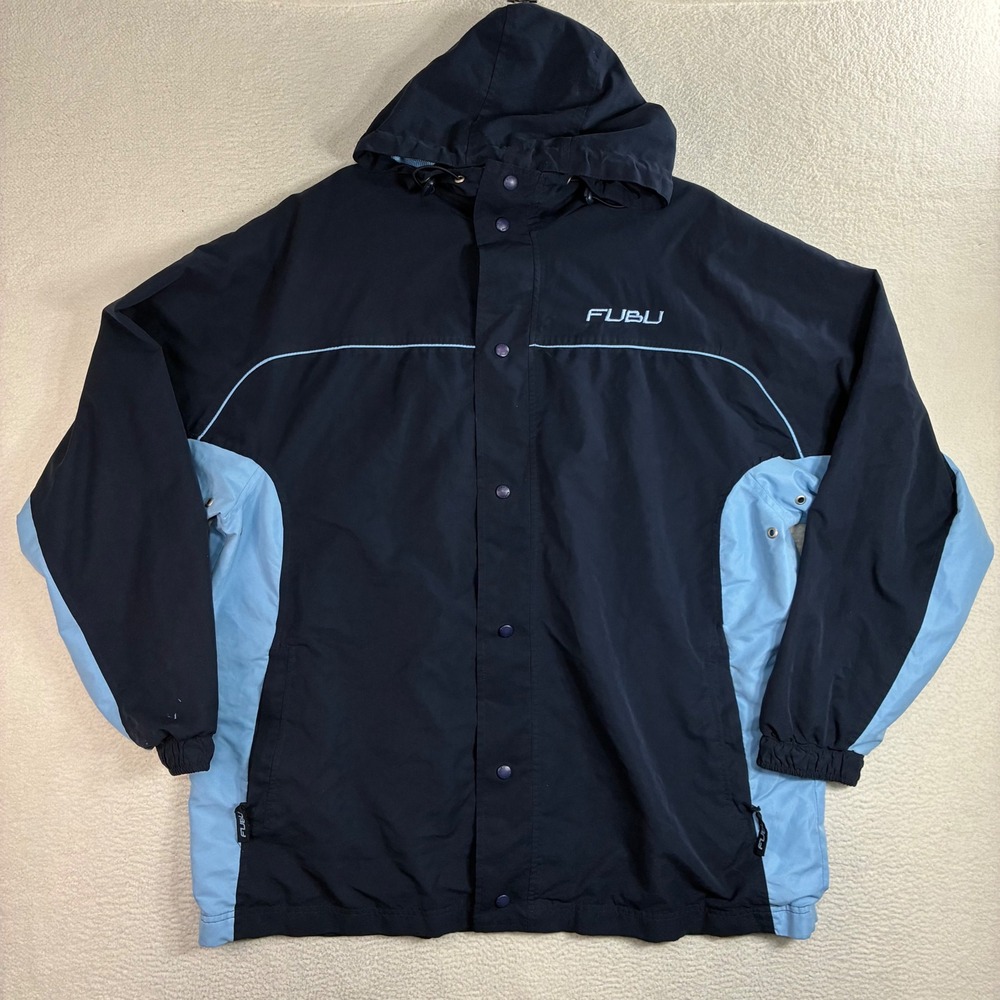 Vintage FUBU Windbreaker Jacket Men XL Blue Button Snap Hooded UNC 90s Y2K